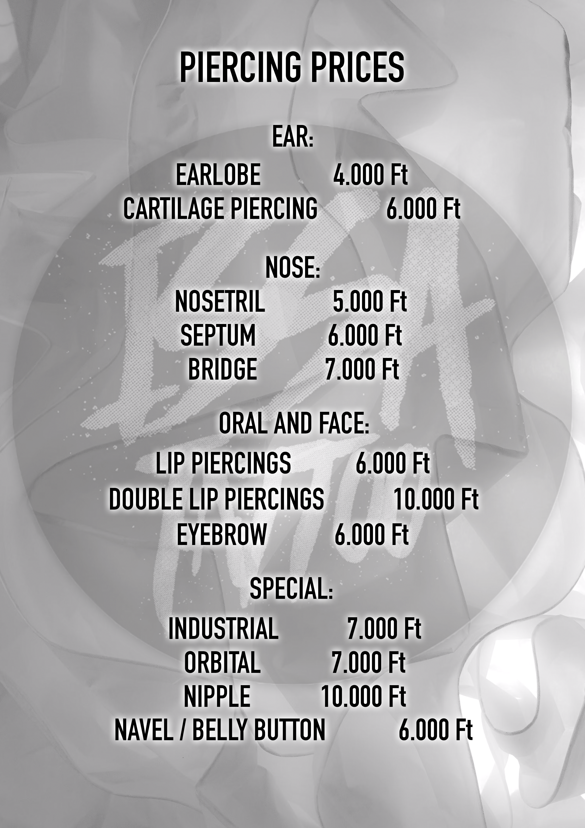 Piercing price list